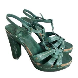 Frye Grace Woven T Strap Platform High Heels Leather Sandals Shoes Womens Size 9
